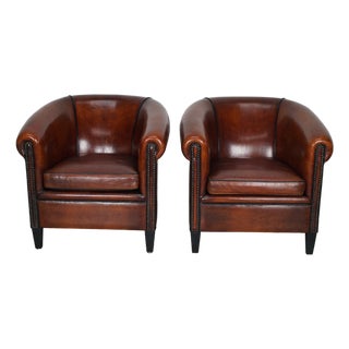 Vintage Dutch Cognac Leather Club Chairs, 1970s, Set of 2 For Sale