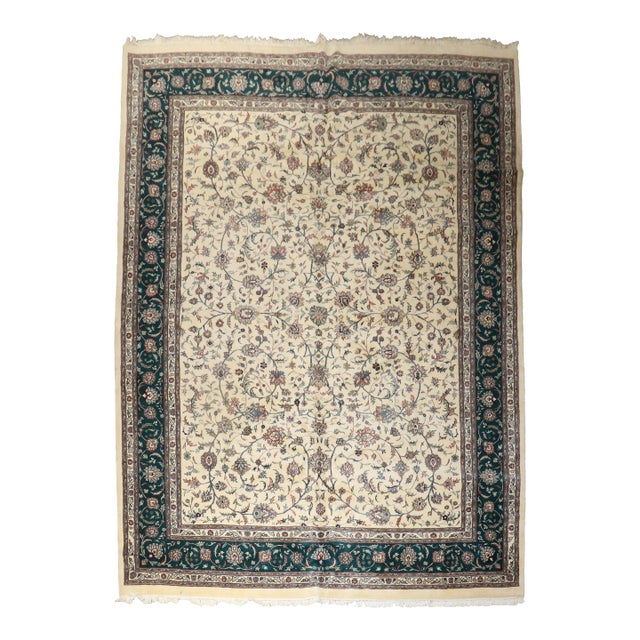 Vintage Zabihi Collection Large Ivory Green Indian Room Rug - 10'9" x 13'3" For Sale