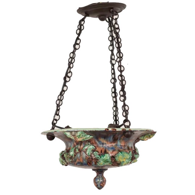 An elaborately decorated majollica palissy light fixture. Signed 'TS' for Thomas Sergent