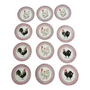 1980s Rooster Plates With Four Different Rooster Designs- Set of 12 Farmhouse