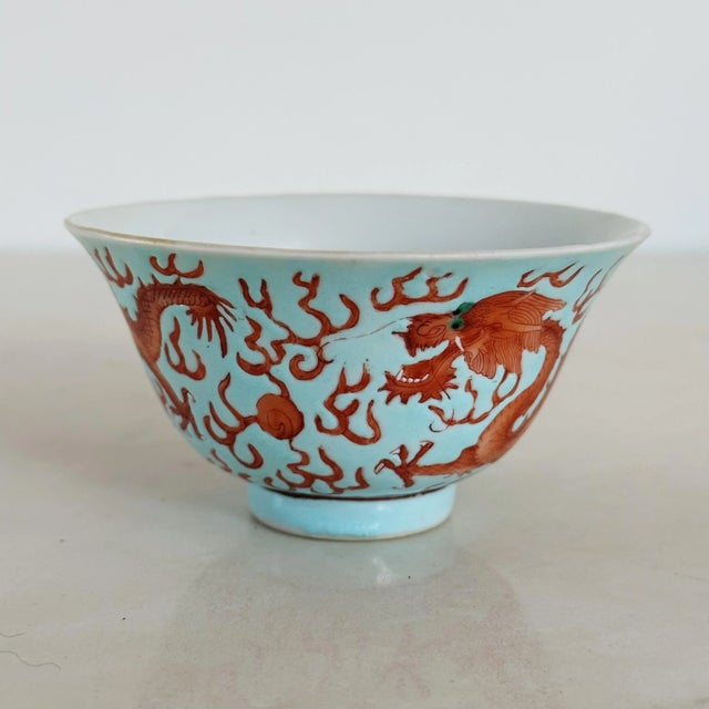 Ceramic Antique Ching Dynasty Porcelain Bowl With Dragons in Red Orange on Blue For Sale - Image 7 of 7