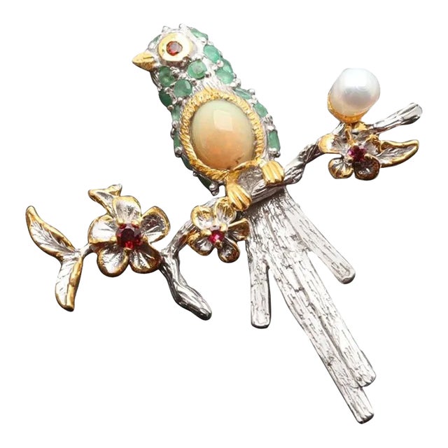 Emerald, Opal, Pearl, Garnet, Sterling Silver & Gold Plate Bird Brooch For Sale