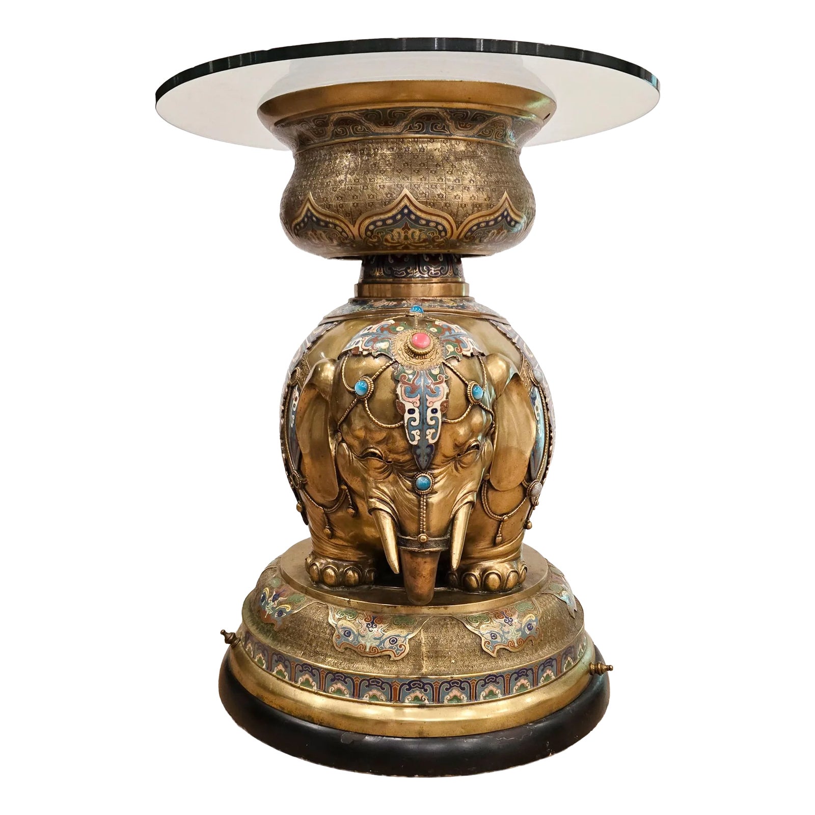 Antique Cloisonné Elephant Altar Table With Glass Top