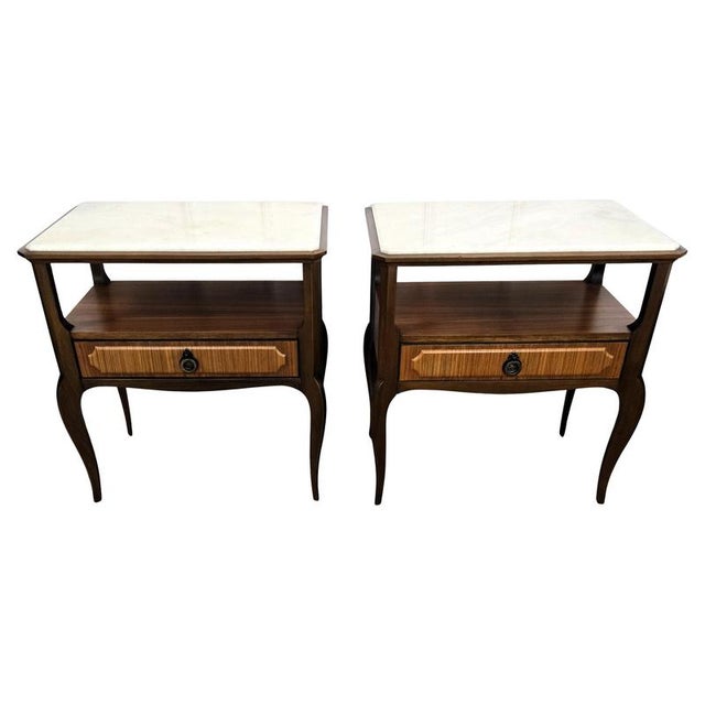 Mid-Century Modern Italian Wood Bedside Tables with Marble Tops, 1950s, Set of 2 For Sale - Image 10 of 10