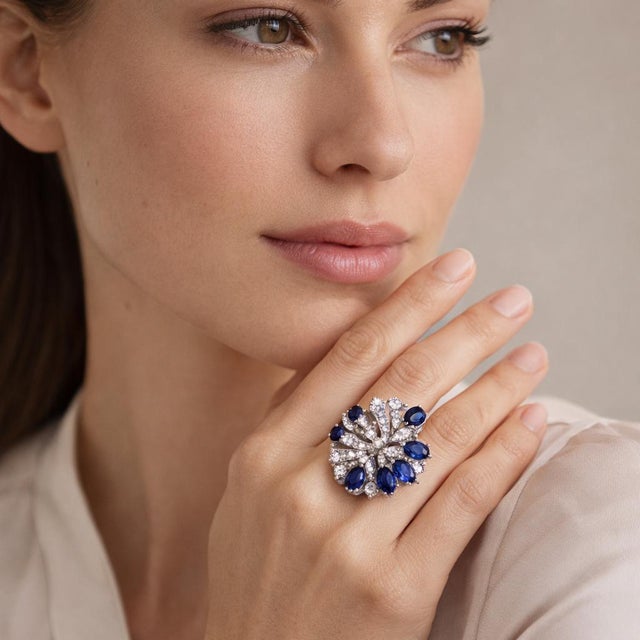 Elegant 18K white gold ring designed in a floral motif, featuring an oval blue sapphire weighing approximately 1.96 carats...