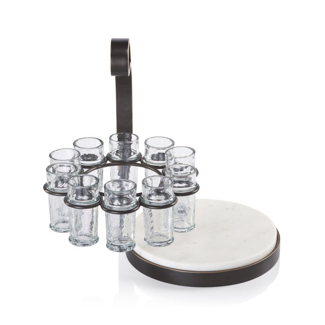 Modern Tequilero 10-Piece Tequila Shot Set with Marble Cutting Board, Dark Bronze For Sale - Image 3 of 8
