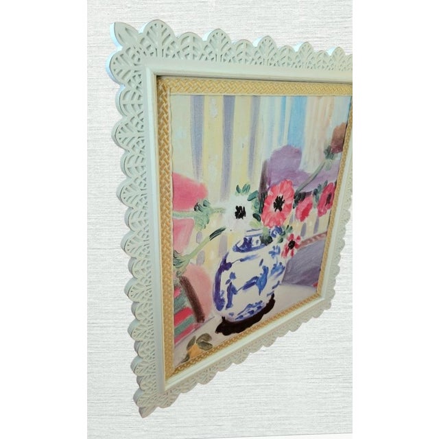 Custom Made Chinoiserie Scalloped Lace Wood Carved Framed Blue White Ginger Jar Wall Framed Print Art For Sale In West Palm - Image 6 of 9
