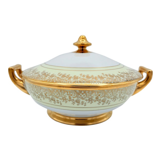 Vintage Japanese Ivory and 22k Gold Lidded Serving Dish With Pedestal Base For Sale