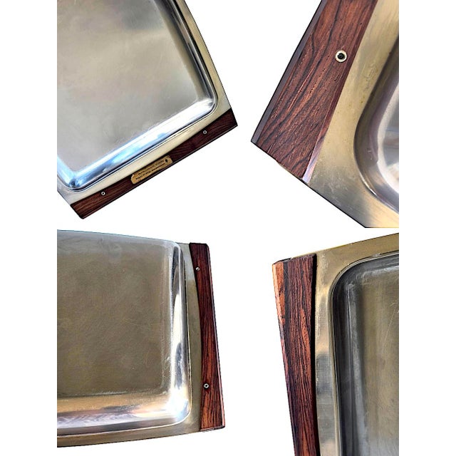 Silver 1960s Stelton Denmark Stainless Steel Tray With Rosewood Handles Designed by Arne Jacobsen For Sale - Image 8 of 12