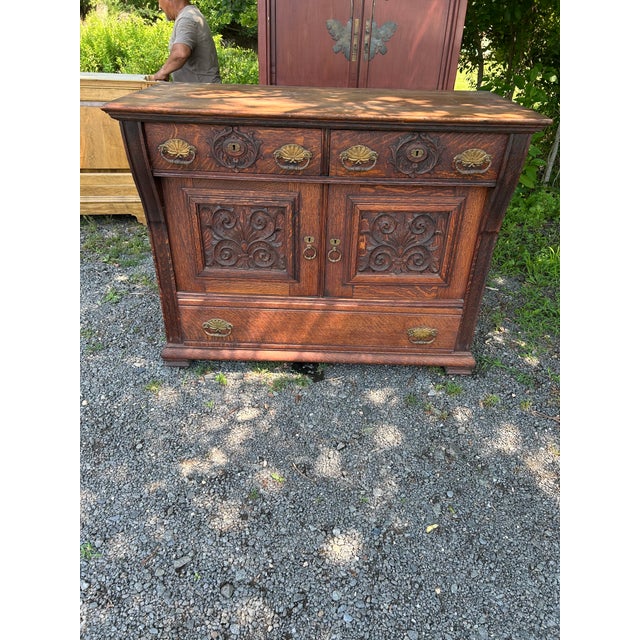 Wood Vintage Oak Old World Sideboard Cabinet For Sale - Image 7 of 9
