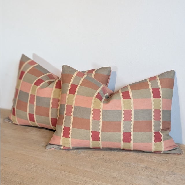 Transitional Bennison Toothcheck Pink Lumbars - Pair For Sale - Image 3 of 5