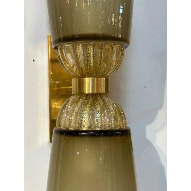 Modern Pair of Modern Murano Glass and Brass Double Cone Sconces For Sale - Image 3 of 8