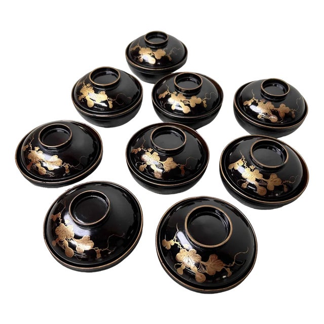 Urushi Maki-E Lidded Rice Bowls, Japan, 1920s, Set of 9 For Sale