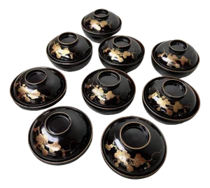 Urushi Maki-E Lidded Rice Bowls, Japan, 1920s, Set of 9