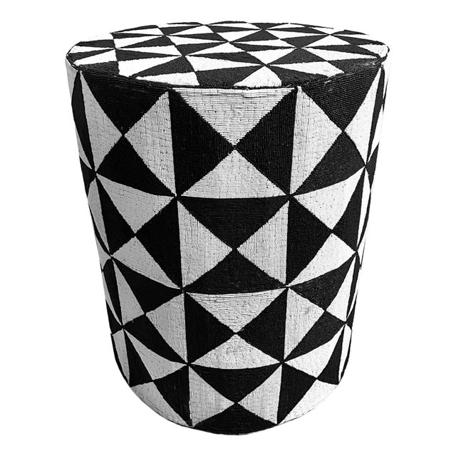 Vintage Black & White Yoruba Beaded Stool Table Large For Sale