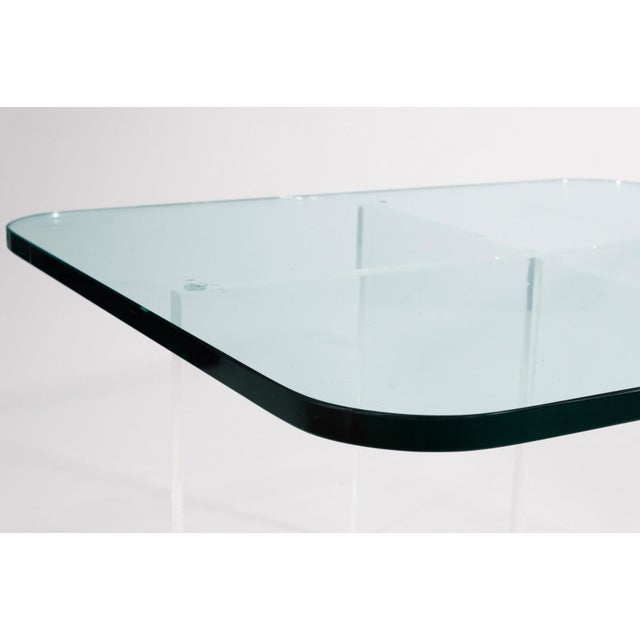 Contemporary Modern X Shaped Base Lucite and Glass Rounded Square Coffee Table For Sale - Image 4 of 5