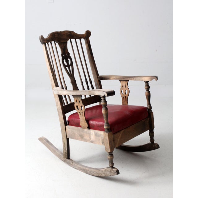 Antique Wooden Rocking Chair With Red Upholstered Seat For Sale - Image 14 of 16
