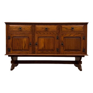 Antique Early 20th Century English Golden Oak Sideboard with Trestle Base For Sale
