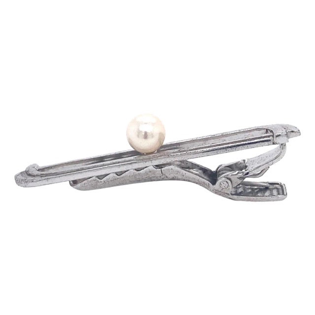 1990s Mikimoto Estate Akoya Pearl Tie Bar Sterling Silver 6.73 mm 5.91 Grams For Sale