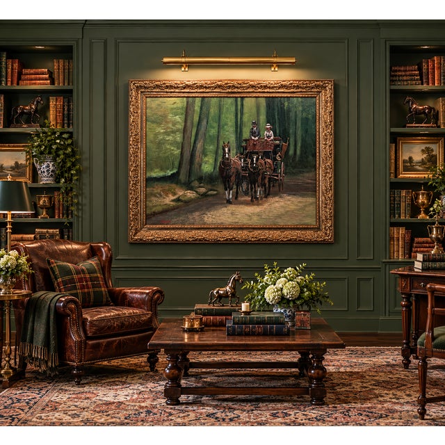 Late 20th Century Monumental Green Equestrian Horse Carriage Oil Painting Ornate Gilt Frame Scott Duncan For Sale - Image 15 of 18