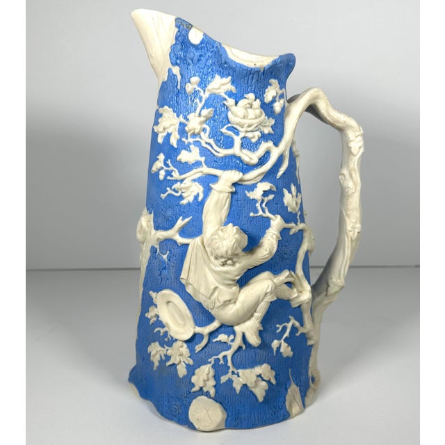 Staffordshire Antique Parian Pitcher: Relief-Moulded Boy Climbing Tree, T.J. & J. Mayer c. 1850 For Sale - Image 4 of 10