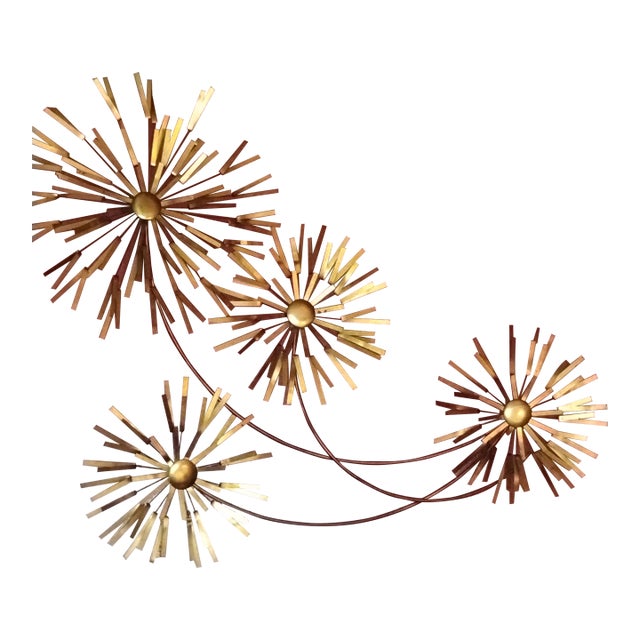 Mid Century Modern Brutalist Brass and Copper Four Starburst Wall Sculpture For Sale