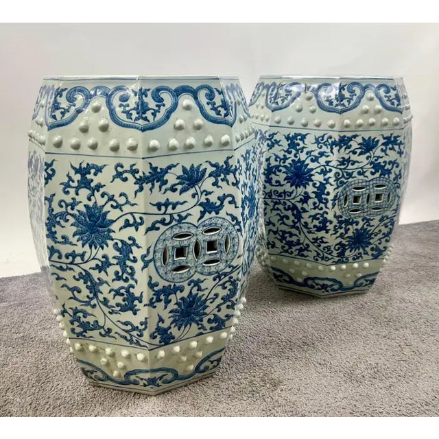 Chinese Qianlong Style Porcelain Octagonal Garden Blue & White Stool, a Pair An exceptional pair of late 20th-century...