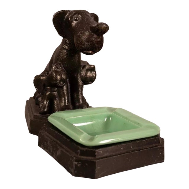 Art Deco Sitting Dogs Figurine Metal Sculpture with Vintage Jadeite Bowl 1930sv For Sale