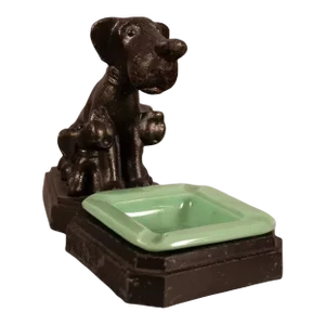Art Deco Sitting Dogs Figurine Metal Sculpture with Vintage Jadeite Bowl 1930sv