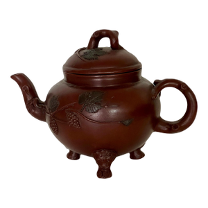 Mid 20th Century Chinese Grape and Vine Yixing Zisha Unglazed Teapot With Lion Face Legs, Artist Signed and Chopped
