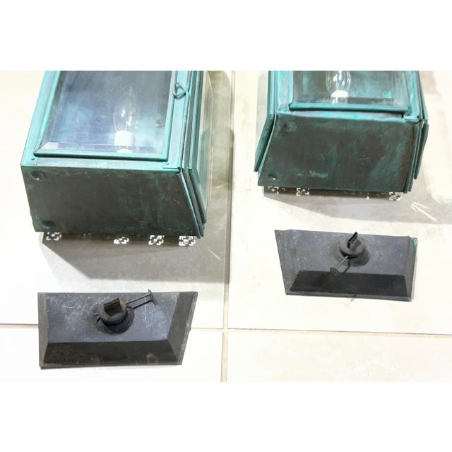 Pair of Antique Verdigris Copper Wall Lanterns – Converted & Electrified For Sale - Image 15 of 17