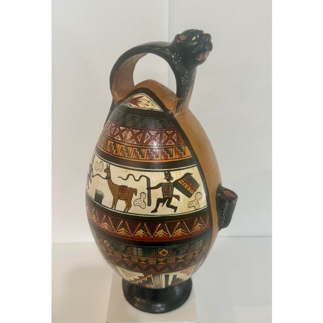 Mid 20th Century Mid 20th Century Large Peruvian Folk Art Pottery Vase With Jaguar Handle & Llama Motif 14” Tall For Sale - Image 5 of 12