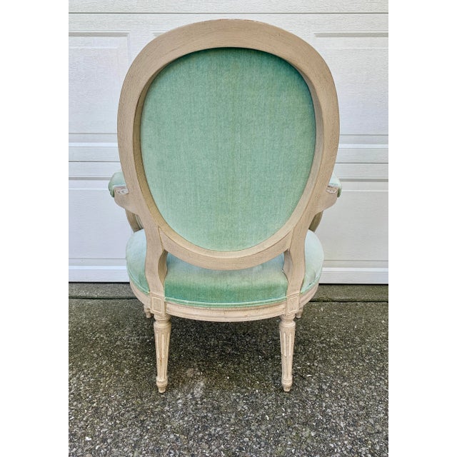 A French Country Classic | Louis XVI Fauteuil in Soft Celadon Velvet For Sale - Image 10 of 11