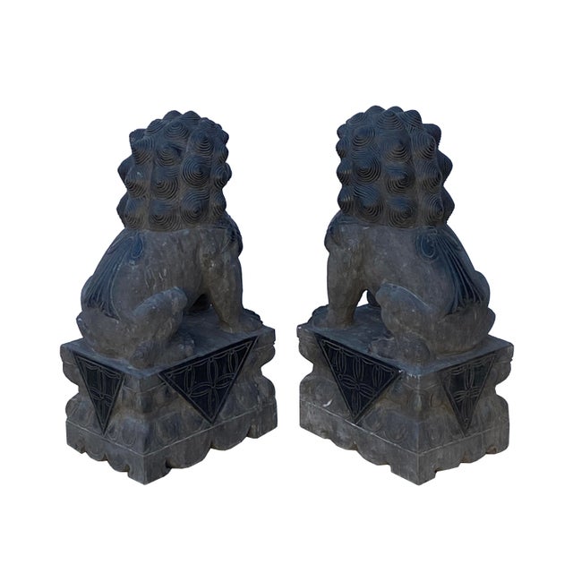 24" Chinese Medium Pair Black Gray Stone Fengshui Foo Dog Statues For Sale - Image 9 of 14