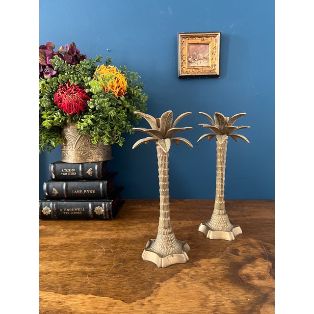 Vintage Brass Palm Tree Candlesticks, Sculptural Tropical Form, Mid-Century For Sale - Image 4 of 18