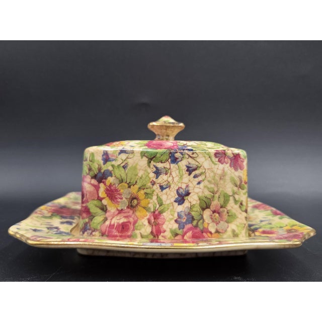 Vintage c.1934-1960"A"STAMP on Back Royal Winton Grimwades Square Cheese/Butter Dish With Domed Lid and Gold Trim For Sale In Philadelphia - Image 6 of 18