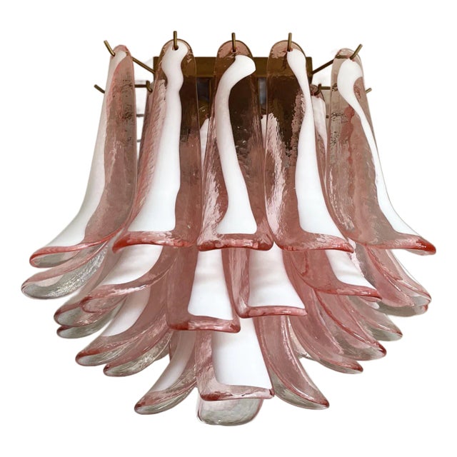 Murano Ceiling Chandelier | 32 Pink Glass and Lattimio Petals in a Contemporary | Mid Century Style For Sale