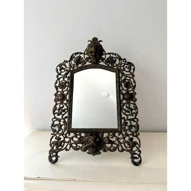 Antique Gilded Cast Iron Cherub and Lion Heads, Victorian French Style Ornate Vanity Table Mirror From Late 19th Century For Sale - Image 9 of 12