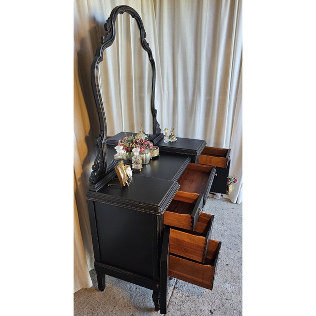 Wood 1930's Black Vanity With Mirror, Vintage Parisian Style For Sale - Image 7 of 17