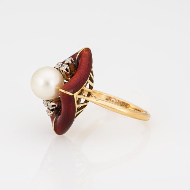 Vintage Abstract Ring Diamond Red Enamel Cultured Pearl Sz 6 Cocktail Jewelry For Sale - Image 4 of 7
