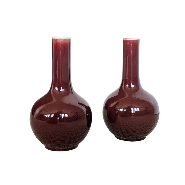 Chinoiserie Vintage Asian Import Oxblood Porcelain Vases- A Pair For Sale - Image 3 of 10
