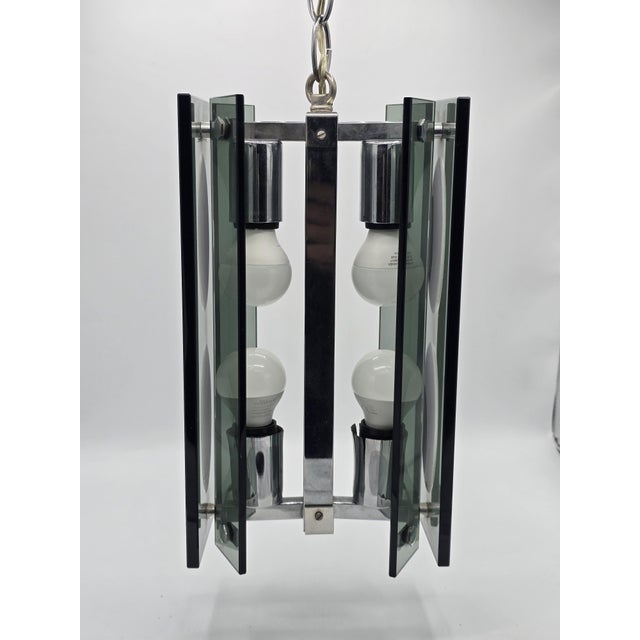 Pendant Light in Thick Green-Grey Glass and Chromed Metal in the style of Fontana Arte, 1970 For Sale - Image 4 of 14
