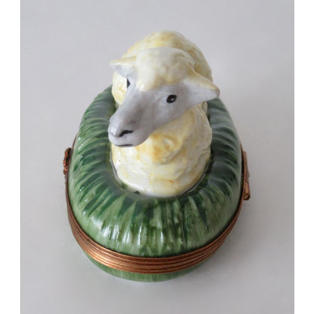 Metal Limoges, France Porcelain, Hand-Painted Charmant Lamp/Sheep Lidded Trinket Box For Sale - Image 7 of 15