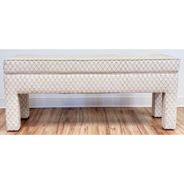Late 20th Century Vintage Trellis Lattice Pattern Upholstery Parsons Bench For Sale - Image 5 of 9