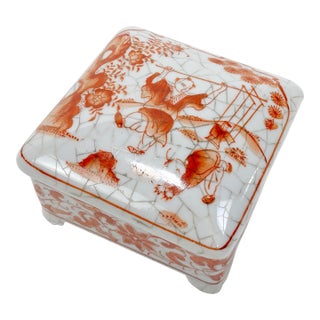 Vintage Asian Motif Porcelain Lidded Box For Sale