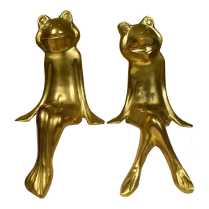Mid Century Large Gold Solid Brass Sitting Frog Couples Model Figurines - a Pair