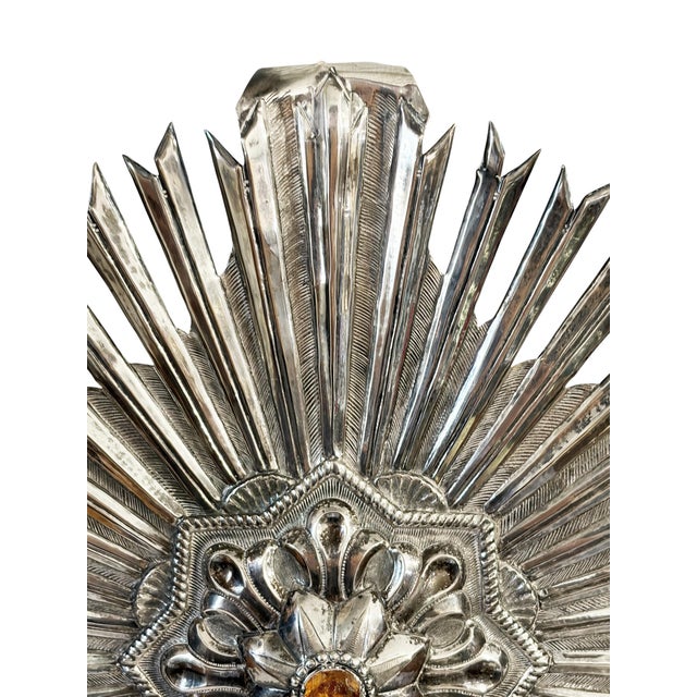 19th Century 19th C Portuguese Sterling Silver Wall Hanging Embossed Splendor With Stone 12" H For Sale - Image 5 of 6