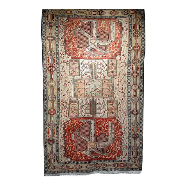 Vintage Persian Shahsavan Soumak Tribal Rug, Handwoven Wool & Silk, Geometric Pattern, Ivory & Red, 4x7 For Sale