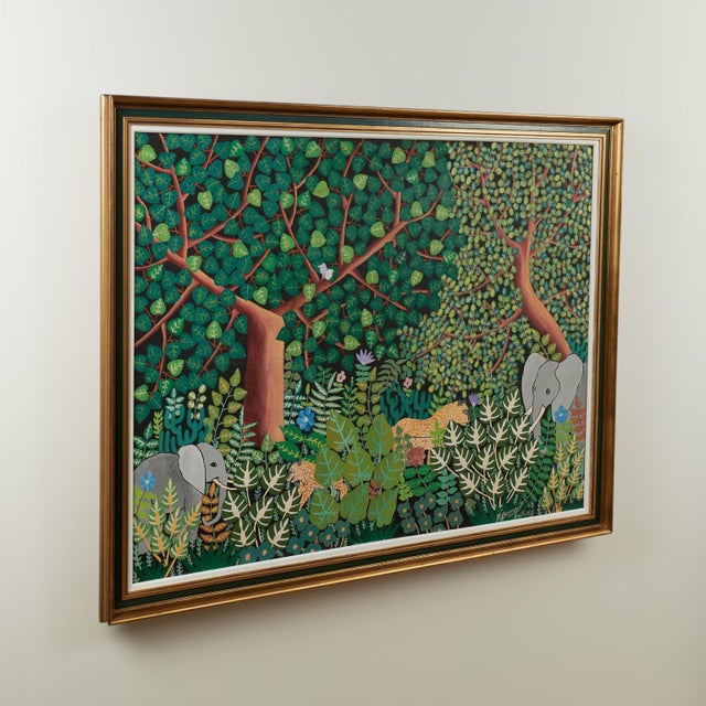 Whimsical acrylic painting on canvas of a lush jungle scene with elephants, flowers and a cat executed in a distinctive...