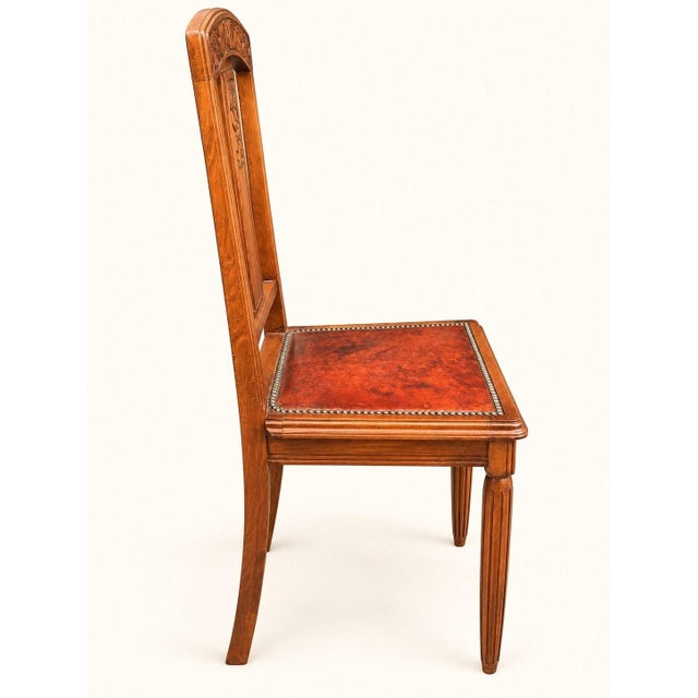 1920s Art Deco Chairs in Carved Walnut with Studded Leather Seats, 1920s, Set of 5 For Sale - Image 5 of 11